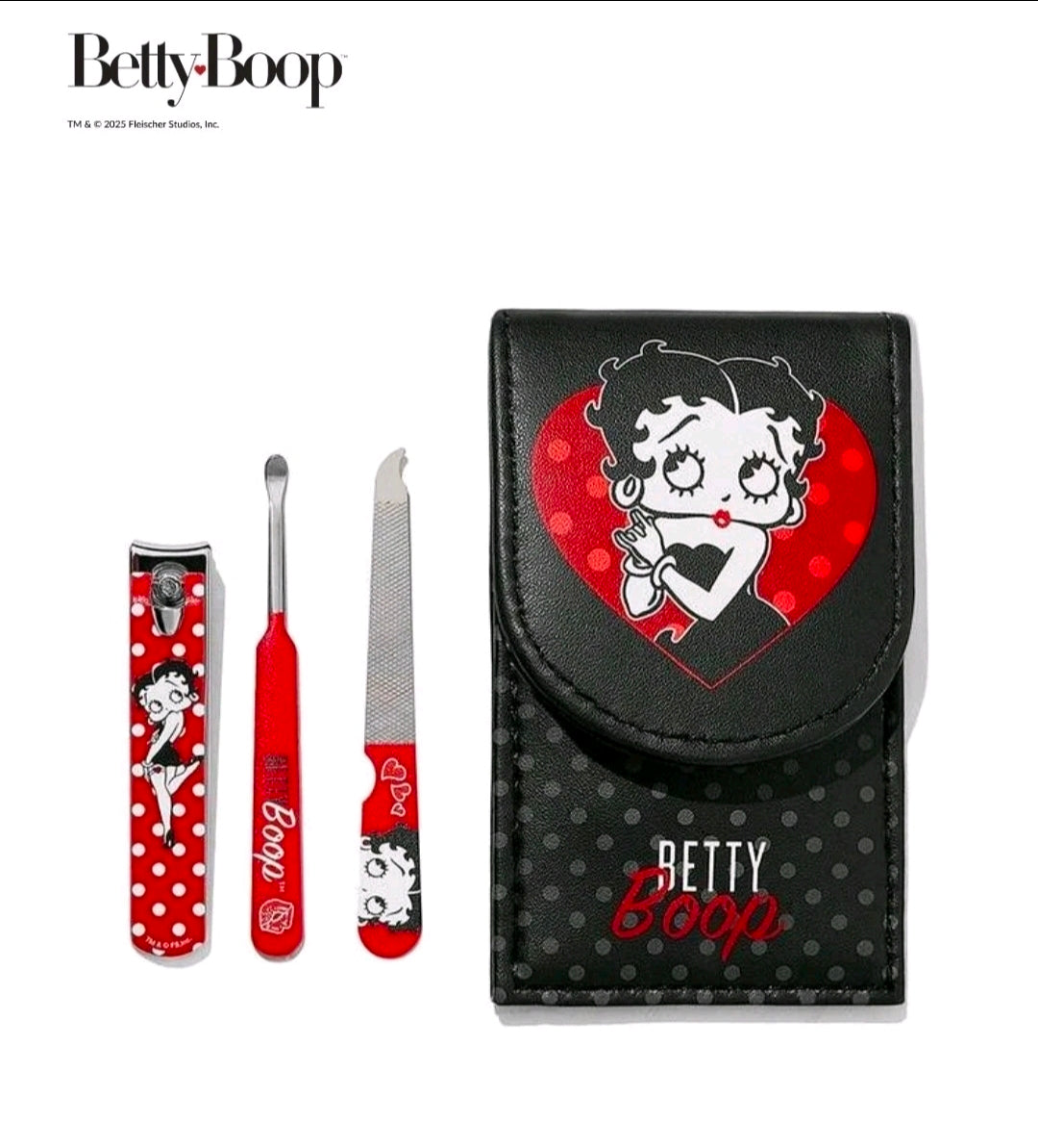 Black polka-dot pouch with Betty Boop heart patch and mini nail file set