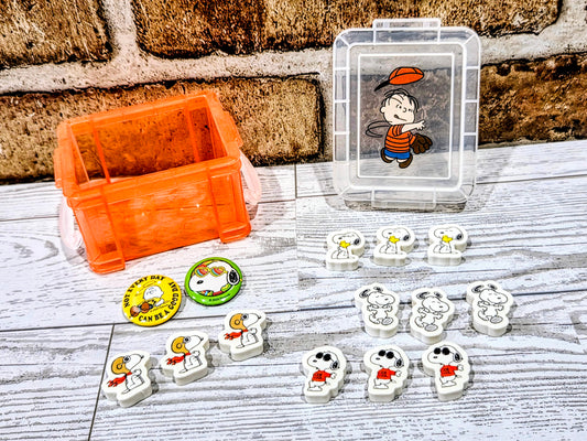Mini Snoopy Orange Desktop Organizer Box w/ 12 Erasers & 2 Pins Linus Peanuts NEW 🐾