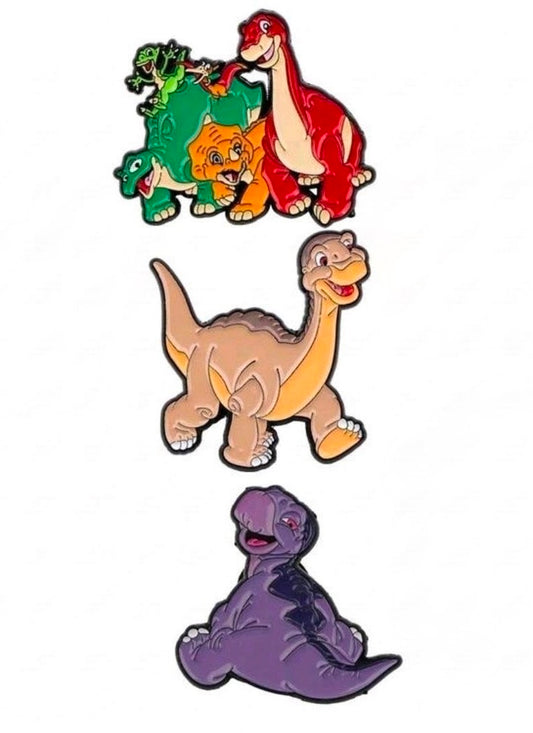 Three-piece enamel dinosaur pin set with Littlefoot, Chomper, and group gang characters