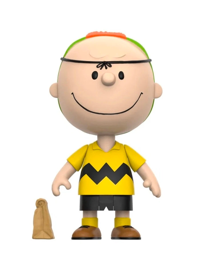Standing Halloween vinyl figure with a purple nose pumpkin hat and yellow zigzag shirt