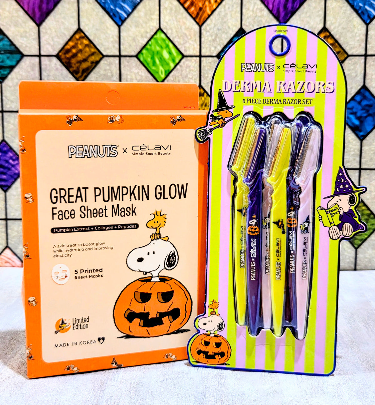 Great Pumpkin Glow face sheet mask box and 6-piece Derma Razors set