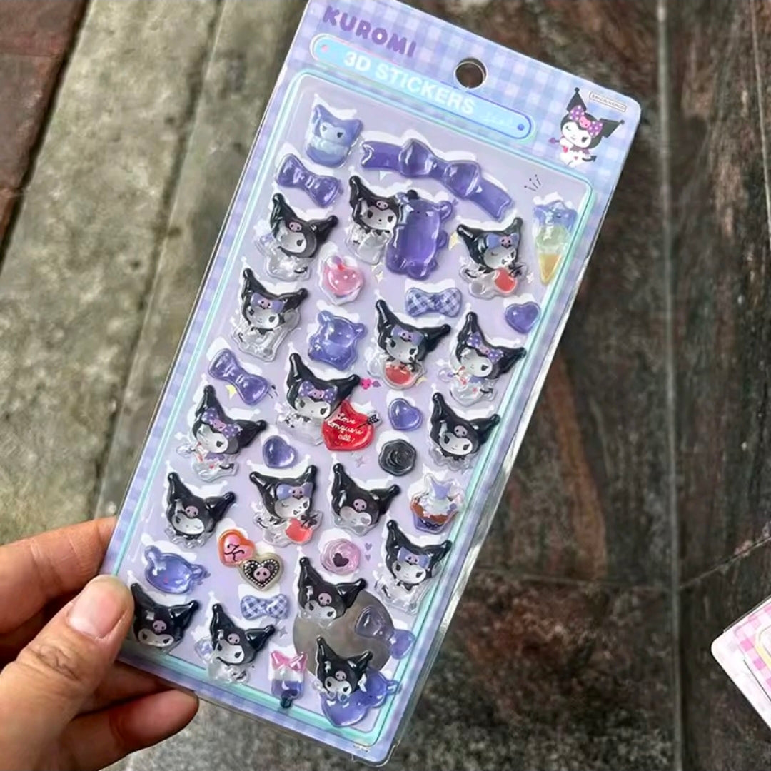 3D acrylic sticker set with dark and light purple cute character charms on a card