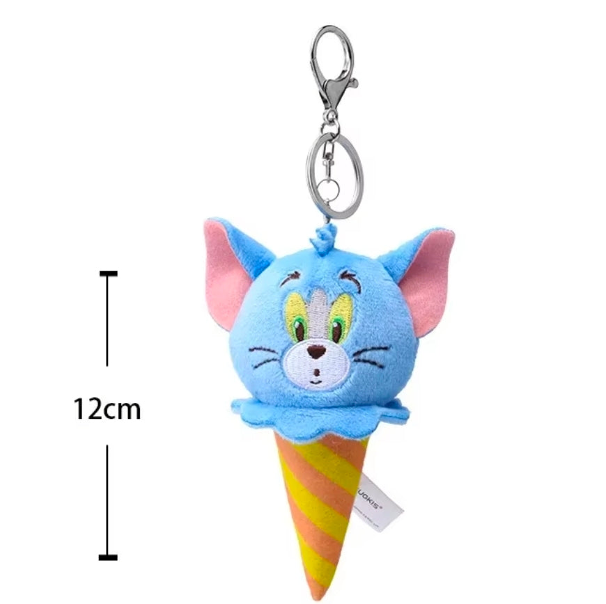 Blue Tom cat plush keychain in yellow-striped ice cream cone with metal clip
