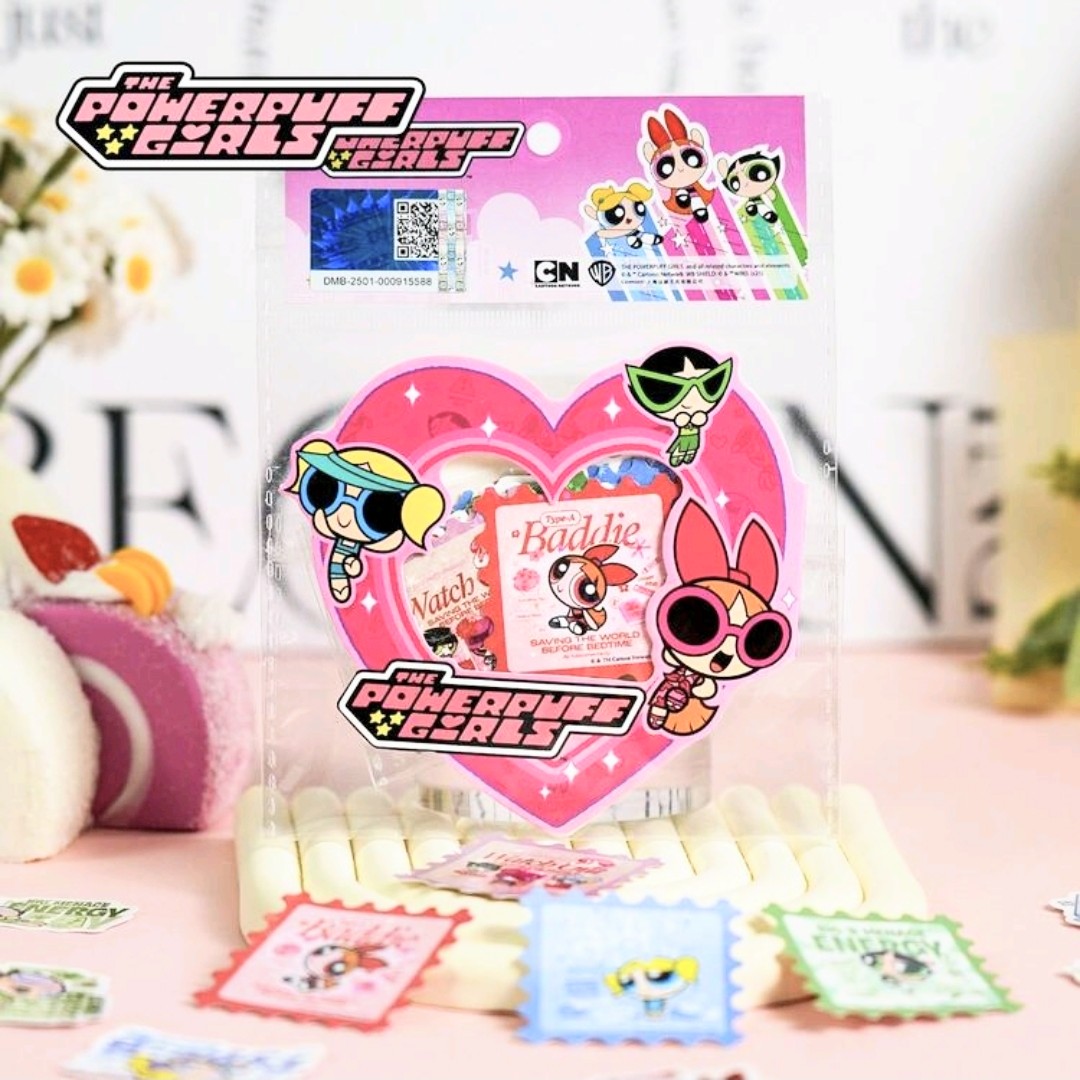 Holographic glitter sticker pack with pink heart backing and cartoon characters, 20-piece set
