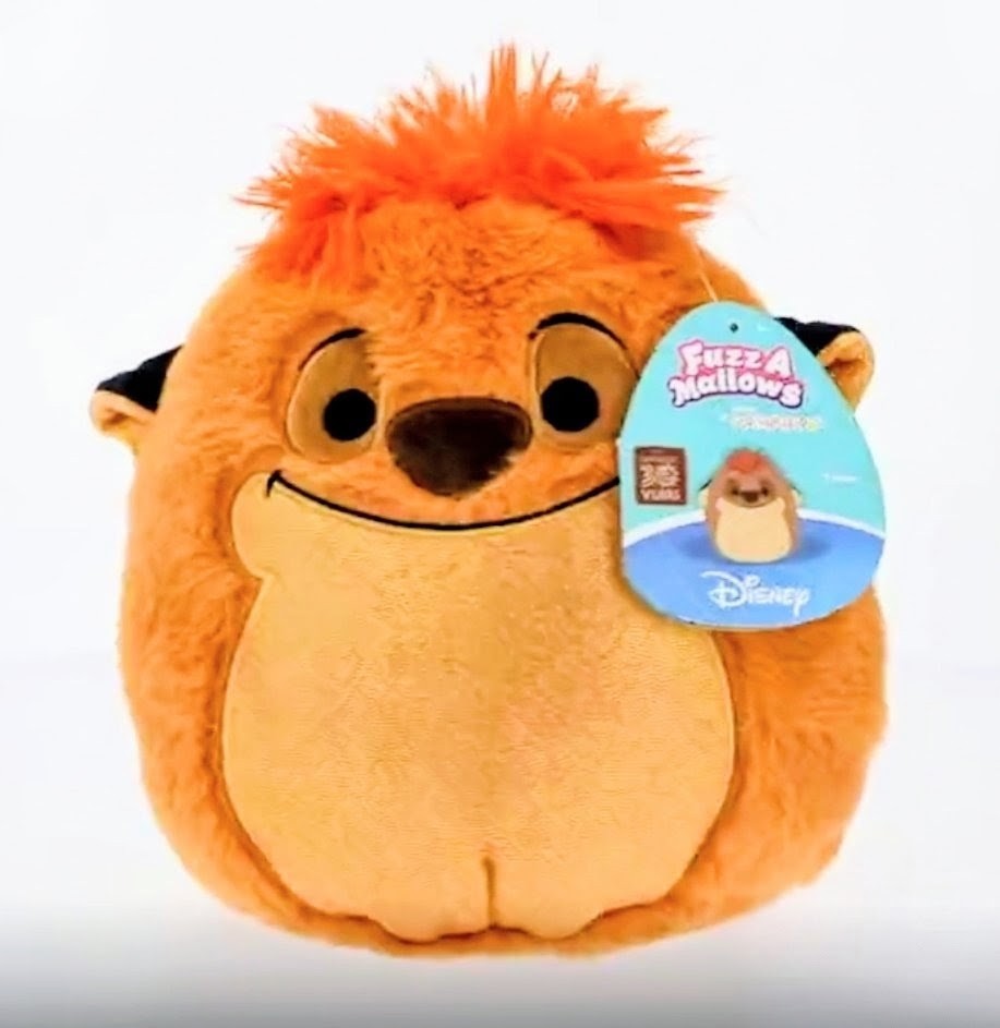 Orange Timon FuzzAMallow plush with small hanging tag on side, front view