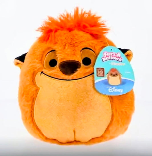 Orange Timon FuzzAMallow plush with small hanging tag on side, front view
