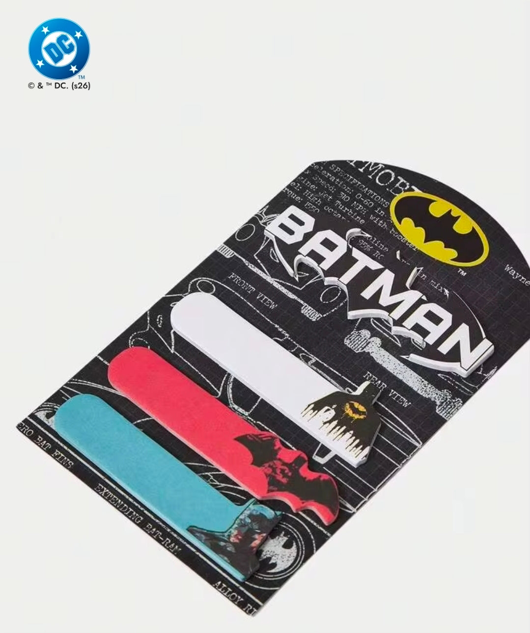 Batman zip pouch with three colored tab strips, black comic-style print
