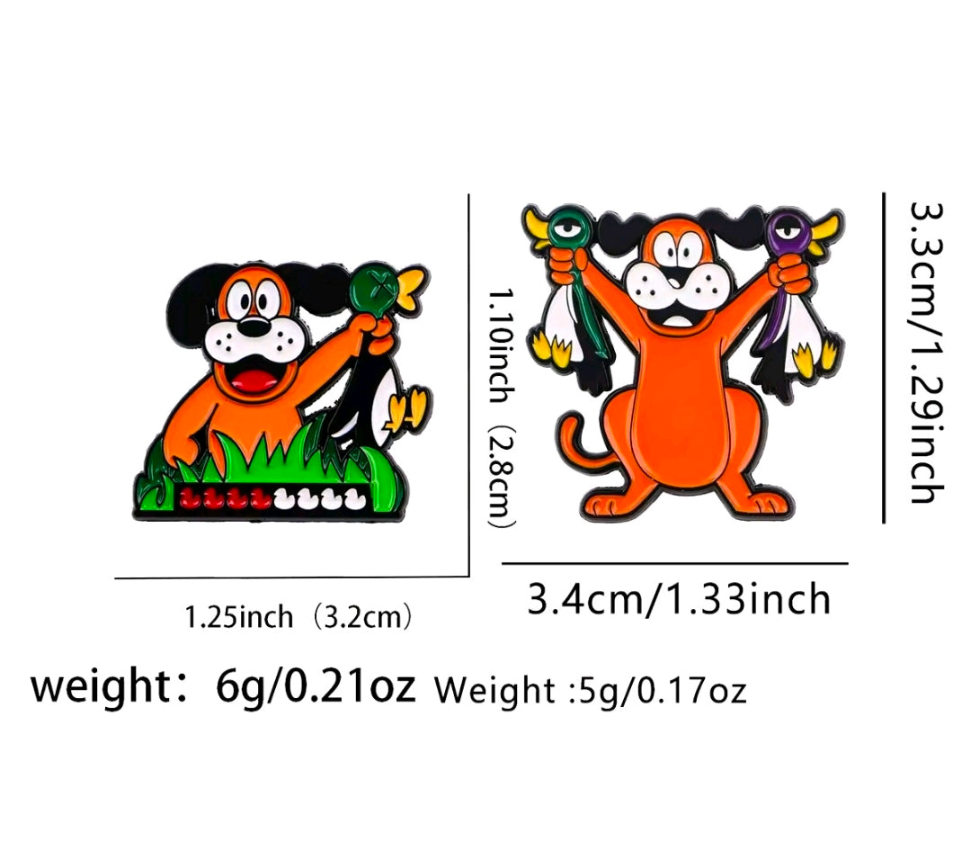 Two enamel lapel pins featuring cartoon Duck Hunt dog character, colorful.