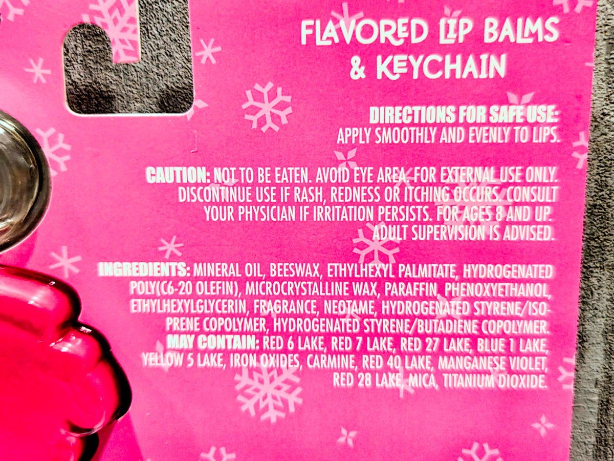 Flavored lip balm set back card with keychain ring and warning label