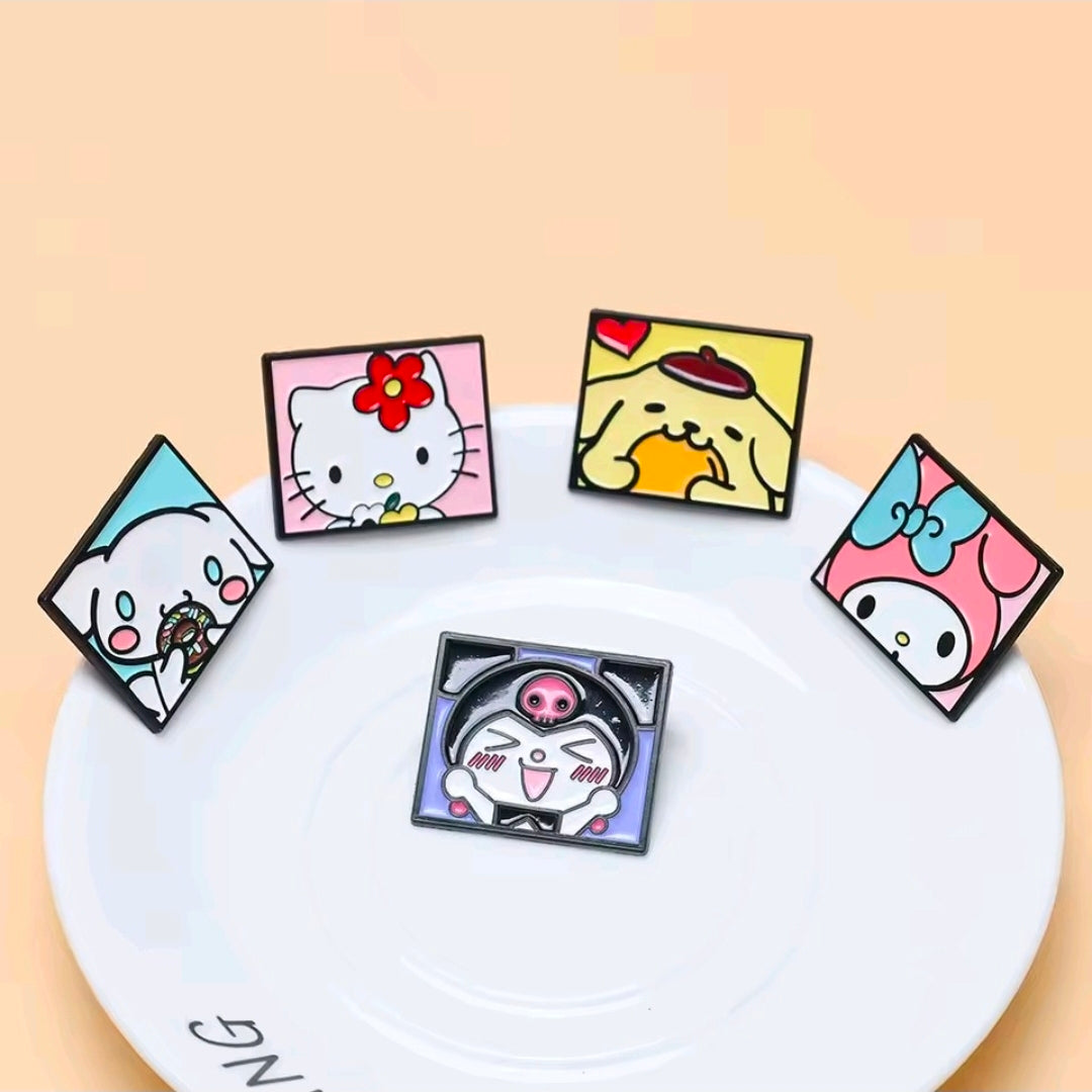 Five Sanrio character enamel pins with cute faces, arranged in a circle