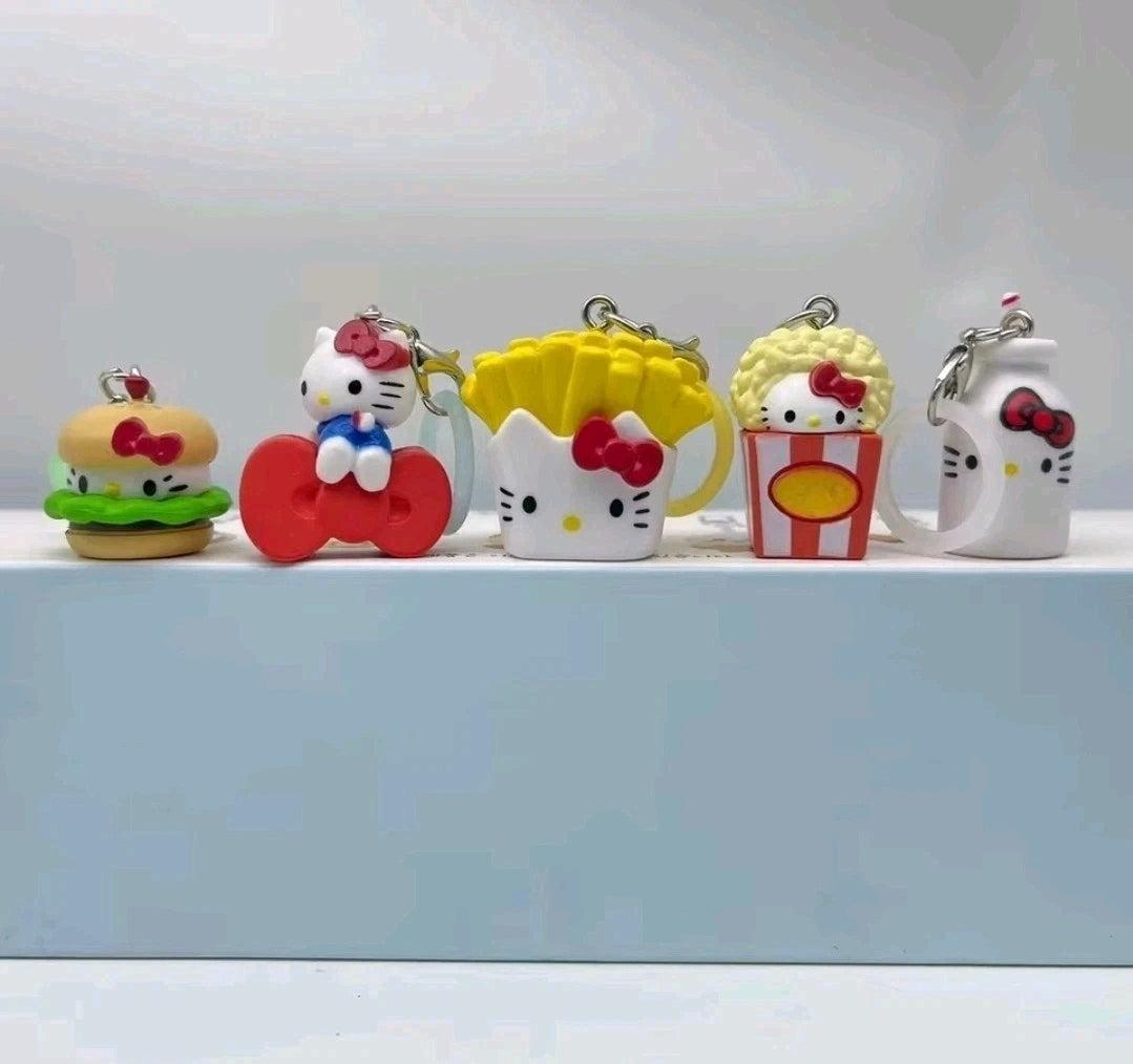 Hello Kitty food-themed keychains set with metal rings: burger, popcorn cup, fries cup, drink