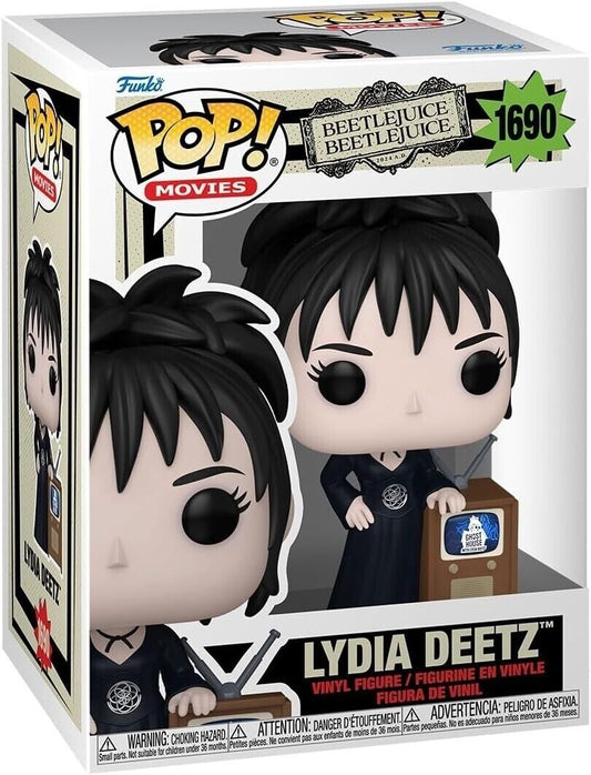 Lydia Deetz Funko Pop! Movies vinyl figure in box, black hair, holding TV screen device