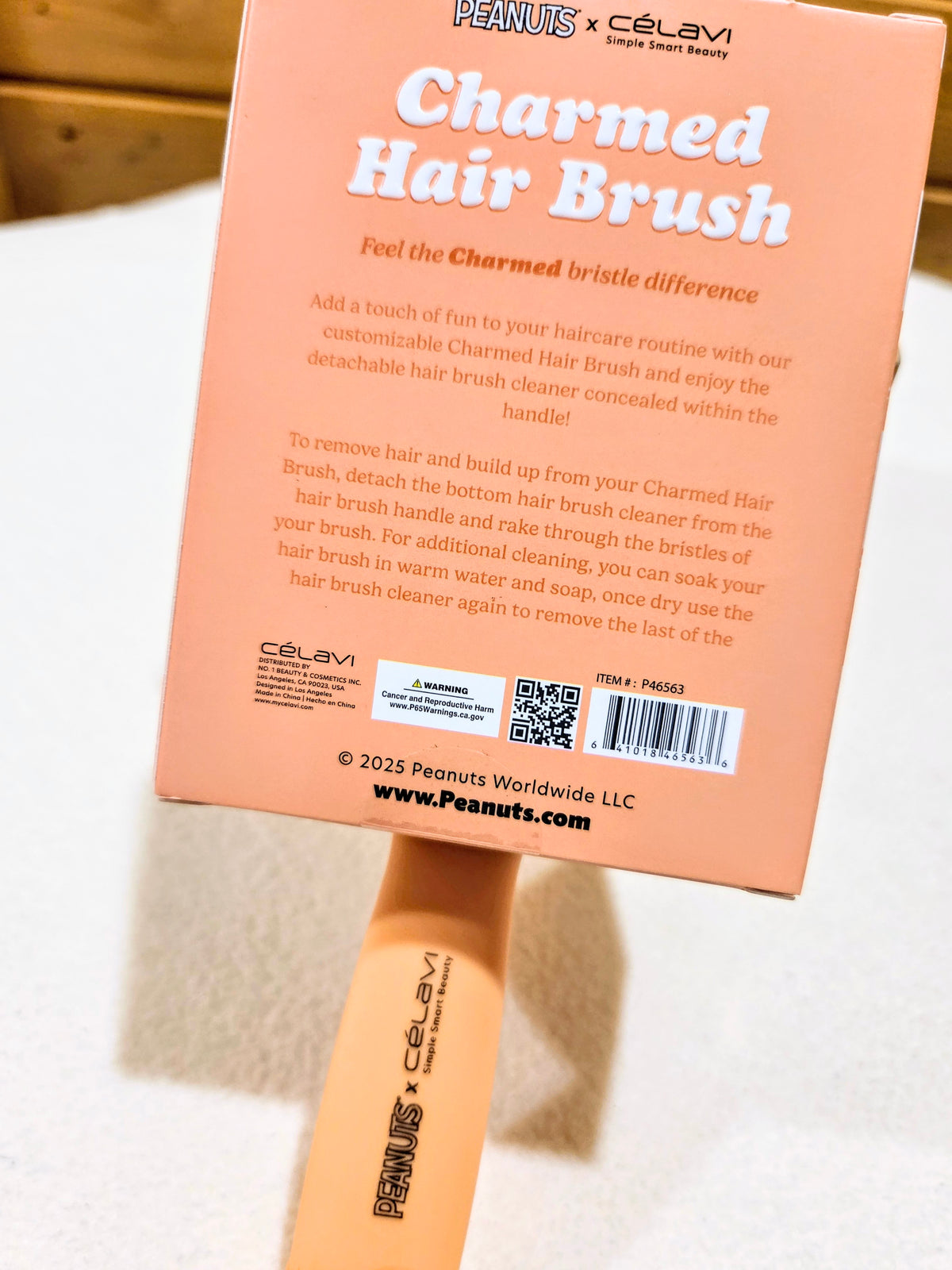 Peanuts x Celavi charmed hair brush box back with QR code and barcode