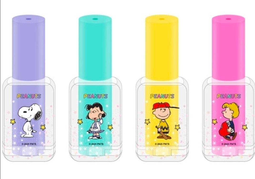 Peanuts glitter highlighter bottles, four colors: purple, teal, yellow, and pink.