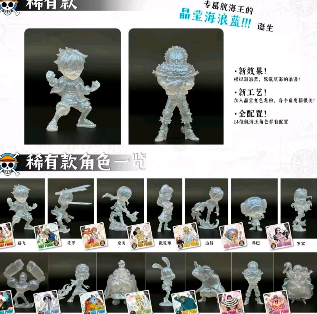 Clear white mini figure posed for display with card backs and front