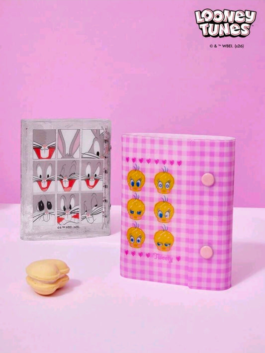 A7 transparent 6-ring binder pair: open Bugs-style panel and pink gingham Tweety cover