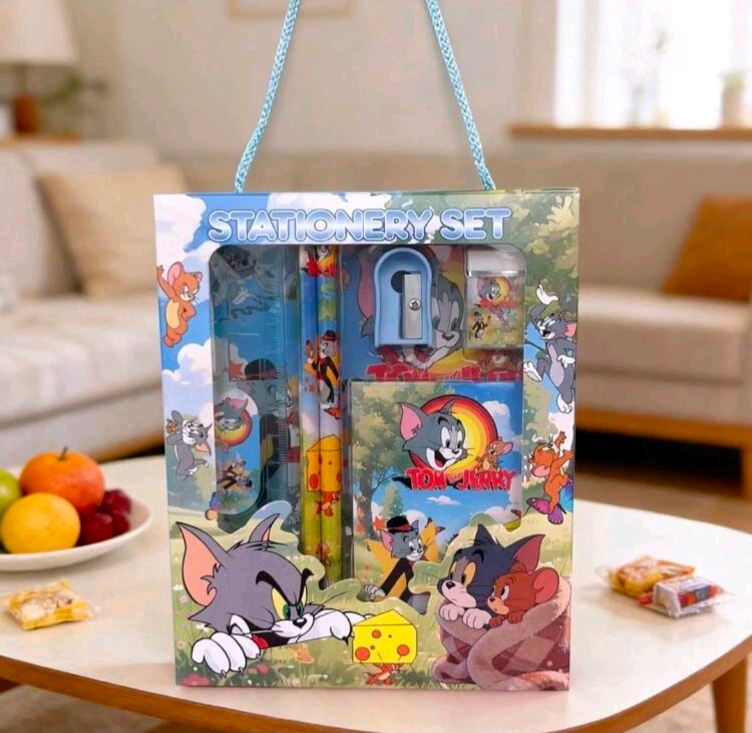 Tom & Jerry stationery gift box set with pencil, eraser, notepad, and ruler in box