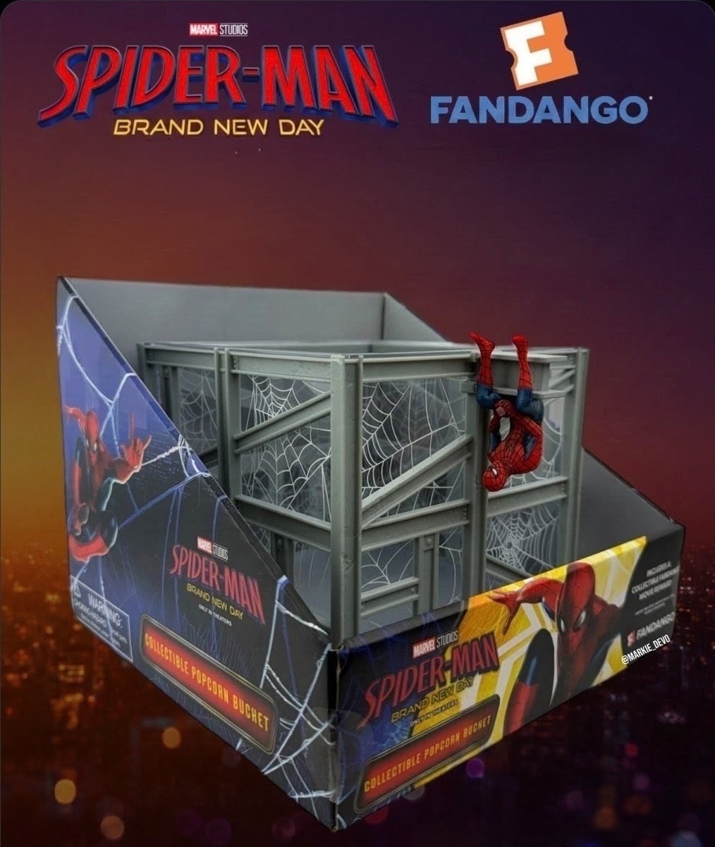 Spider-Man Brand New Day Fandango collectible popcorn bucket box with logos