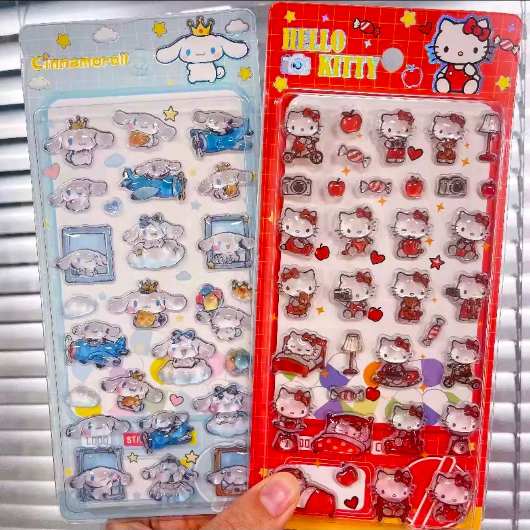 Puffy sticker sheets featuring Cinnamoroll (light blue) and Hello Kitty (red)