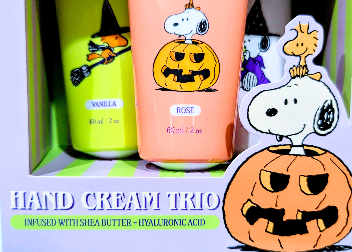 Hand cream trio box with three tubes and large Snoopy character and pumpkin art