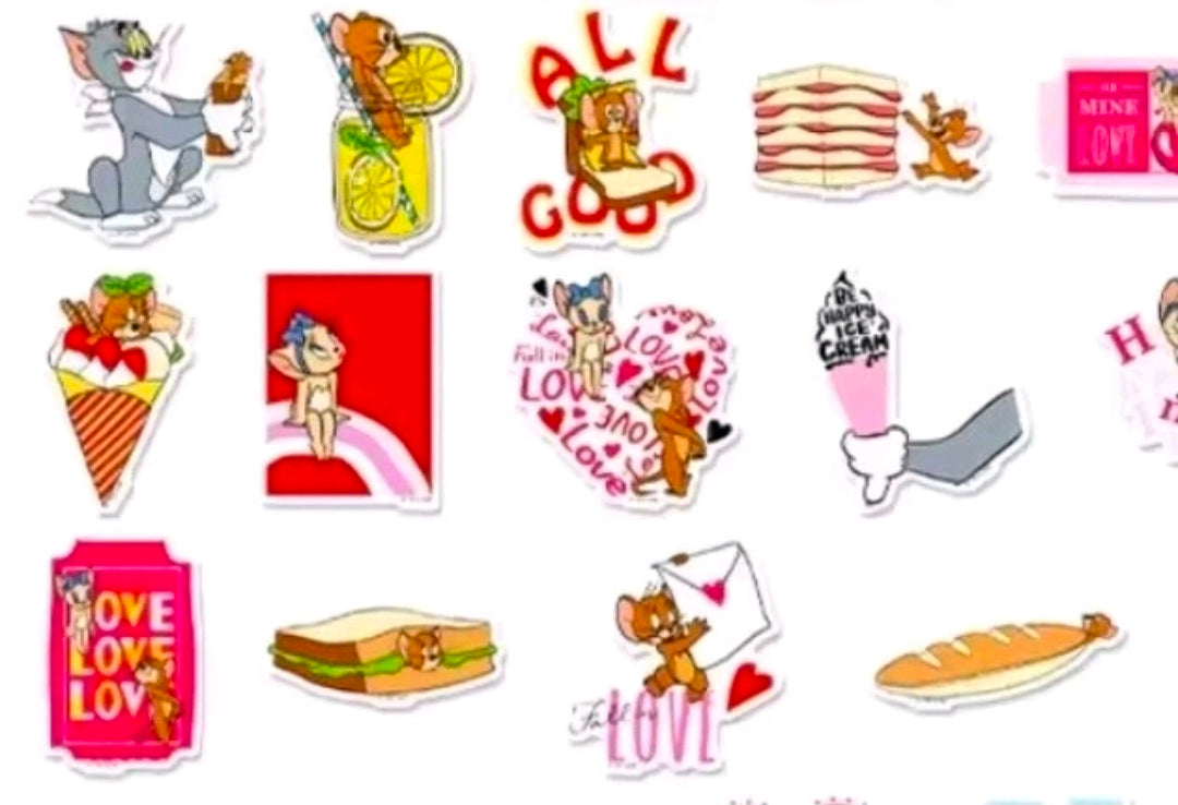 Sheet of assorted die-cut vinyl stickers with love words, hearts, and characters
