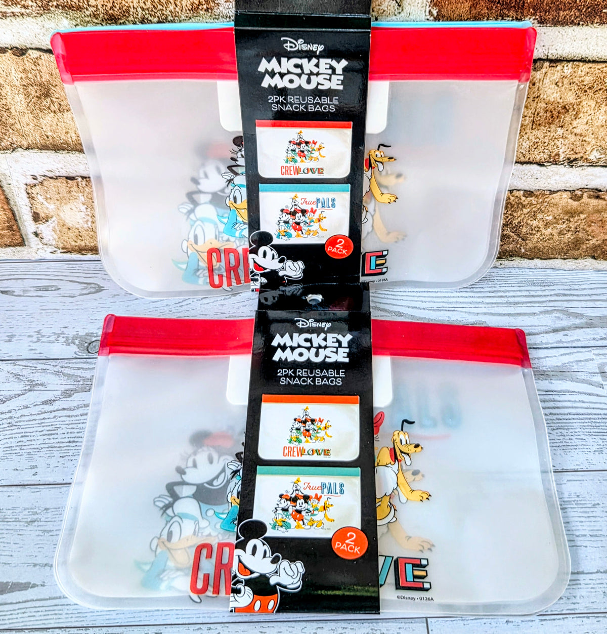 Reusable snack bags, 2-pack, clear pouches with red seals and Mickey design