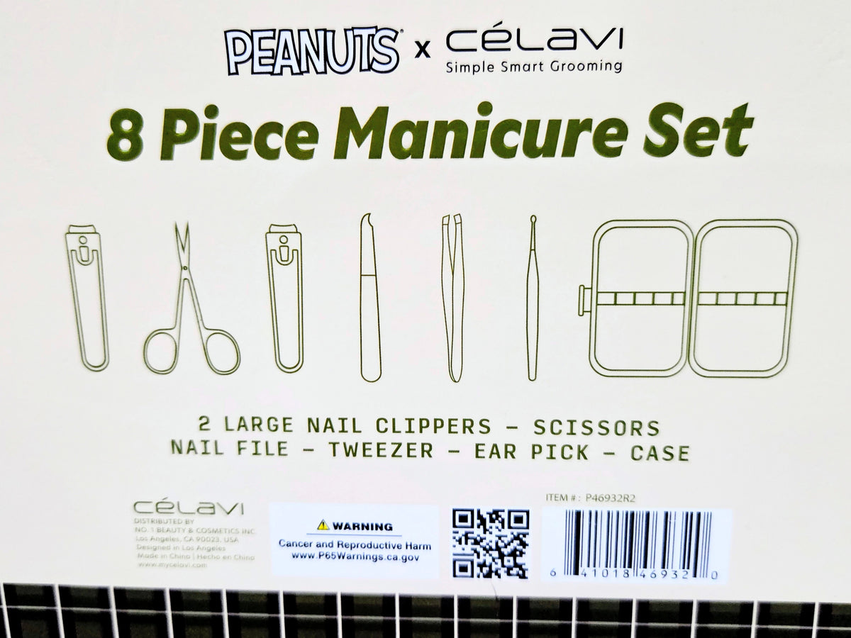 8-piece manicure set package with green plaid case and tool layout graphic