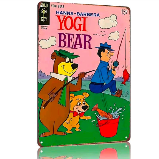 Retro aluminum comic sign with Yogi Bear character, Hanna-Barbera text, colorful artwork