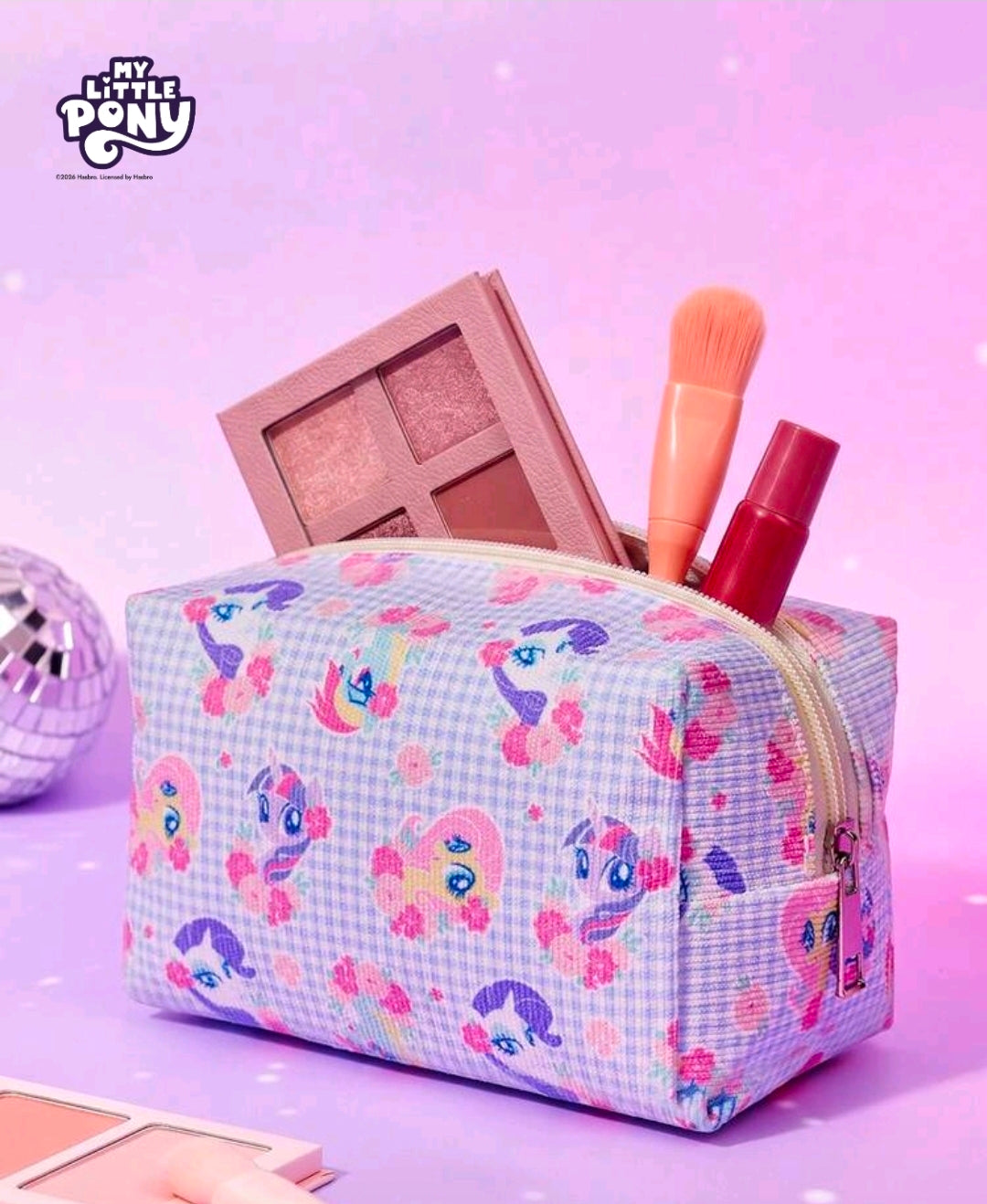 Boxy zip pouch in light-blue gingham with repeating My Little Pony face pattern