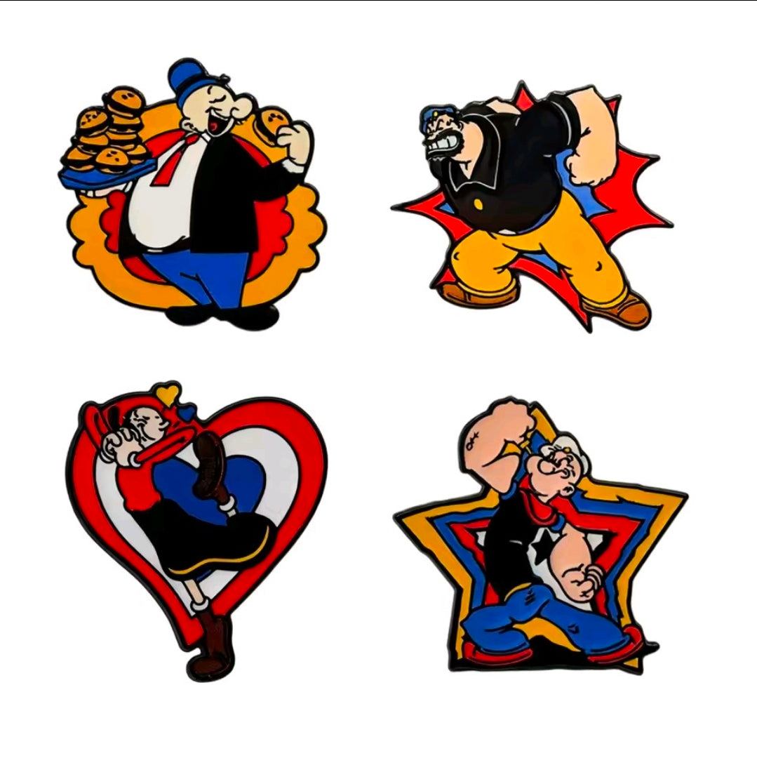 Four cartoon enamel lapel pins with character designs: Popeye, Brutus, Olive Oyl, Wimpy.