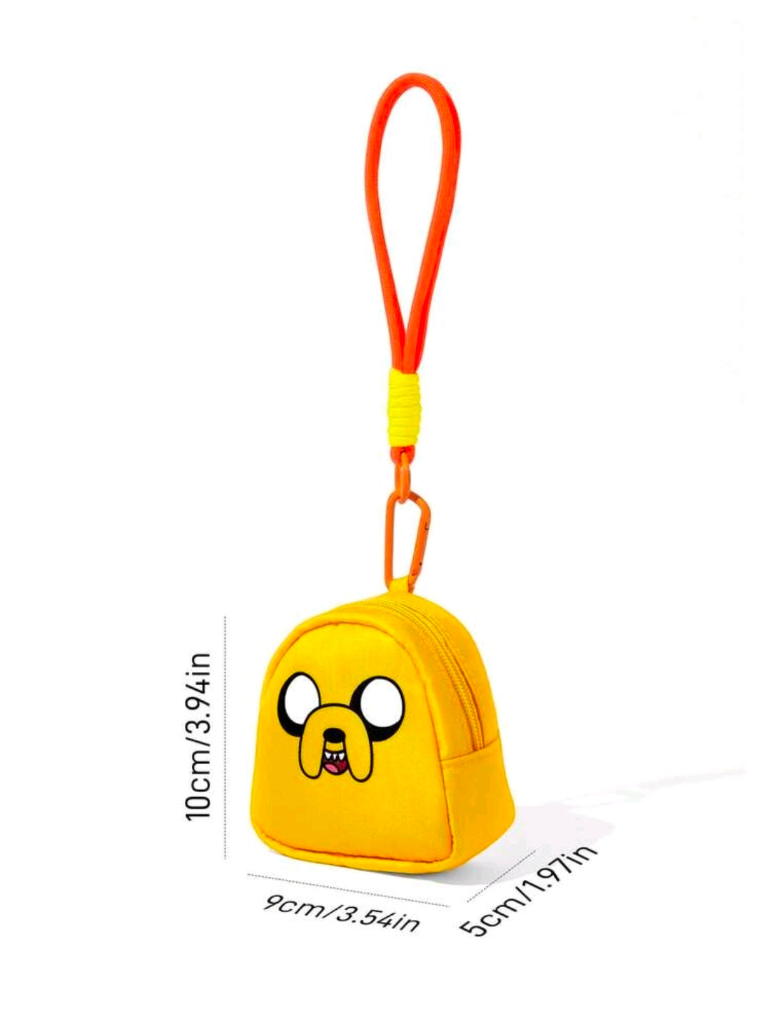 Yellow mini zipper pouch with Jake face, orange carabiner hanging wrist strap