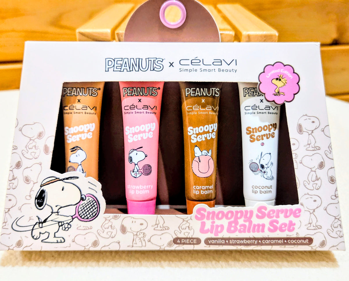 Snoopy Serve lip balm set gift box with four assorted balm tubes