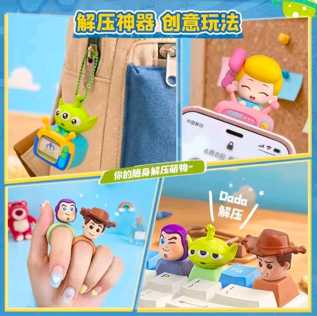 Toy Story character TV figures shown as a bag charm, phone mount, and desk toys