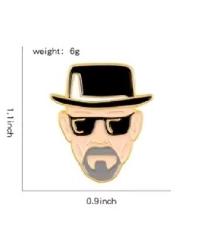 Enamel pin of Heisenberg’s face with black hat and sunglasses, gold outline