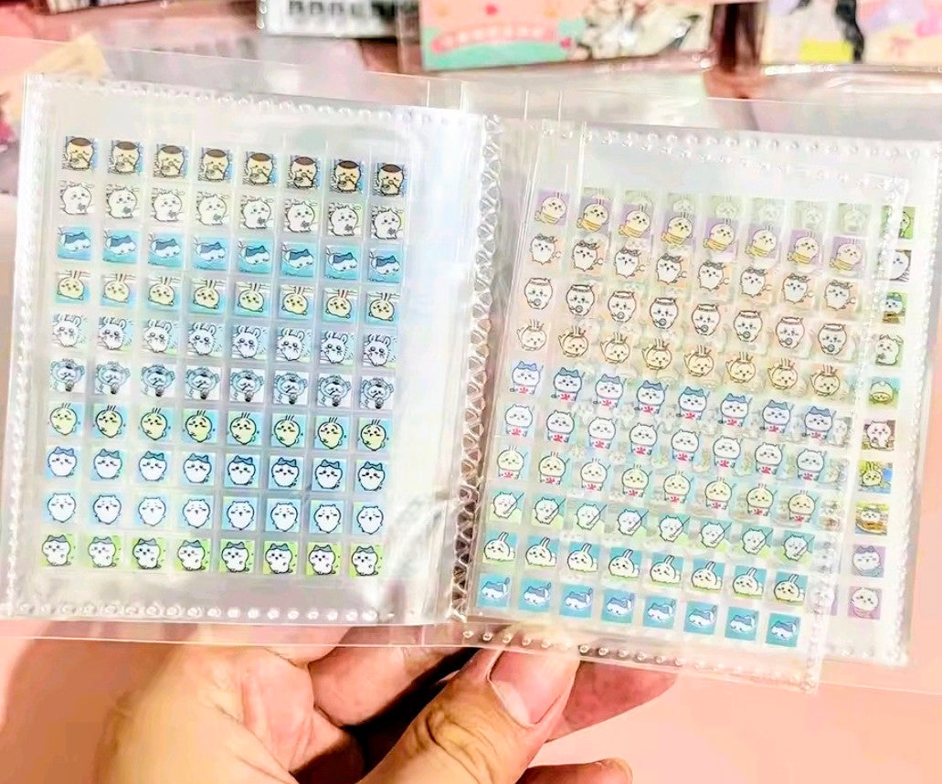 Clear-back mini sticker sheets, two panels of small character icons