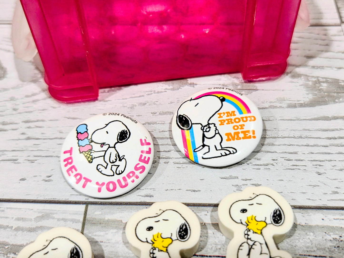 Mini Snoopy Pink Desktop Organizer Box w/ 12 Erasers & 2 Pins Lucy Peanuts NEW 🐾