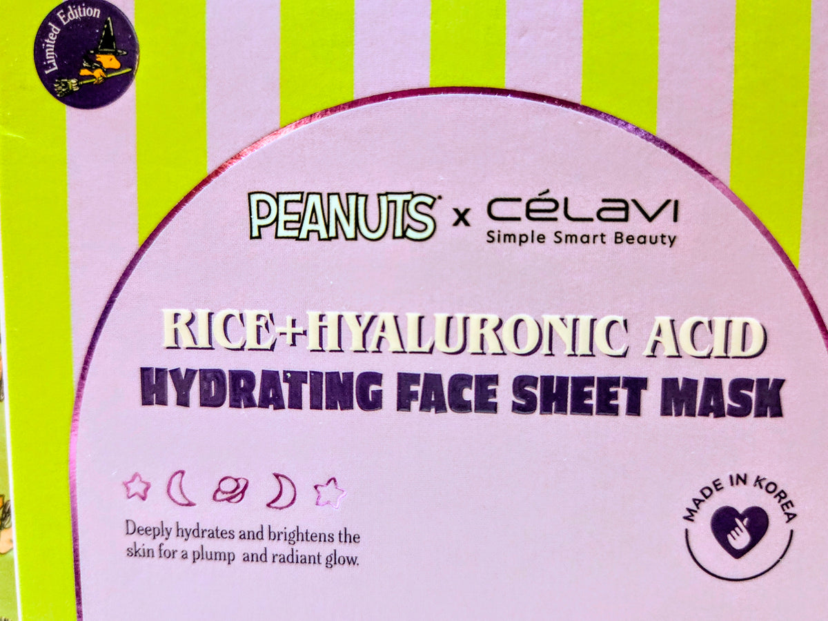Rice and hyaluronic acid hydrating face sheet mask front with Made in Korea stamp