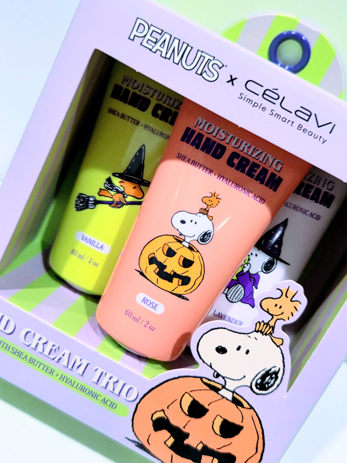 Peanuts x Celavi hand cream trio box with Snoopy and pumpkin-themed tube artwork