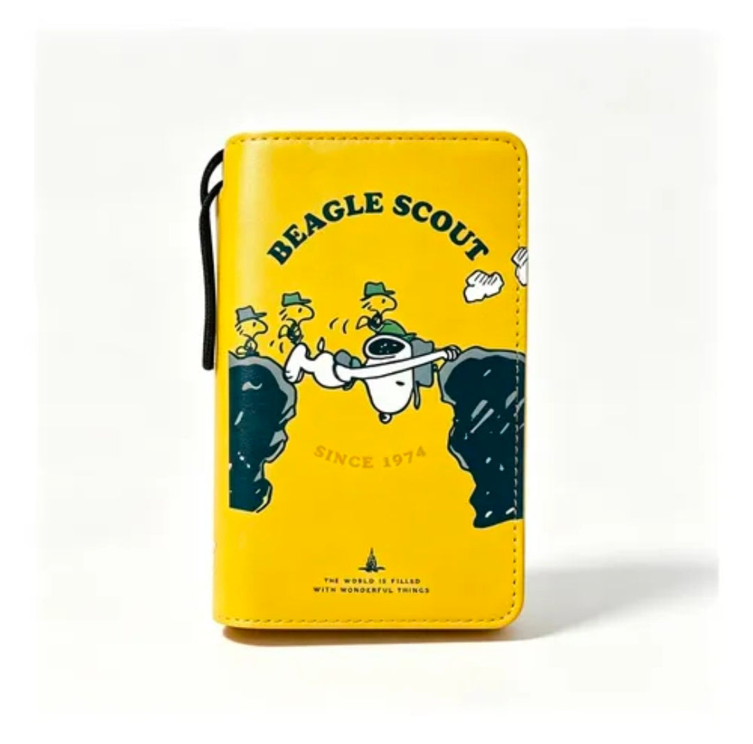Yellow Snoopy Beagle Scout faux leather pocket field notebook cover with stitched border