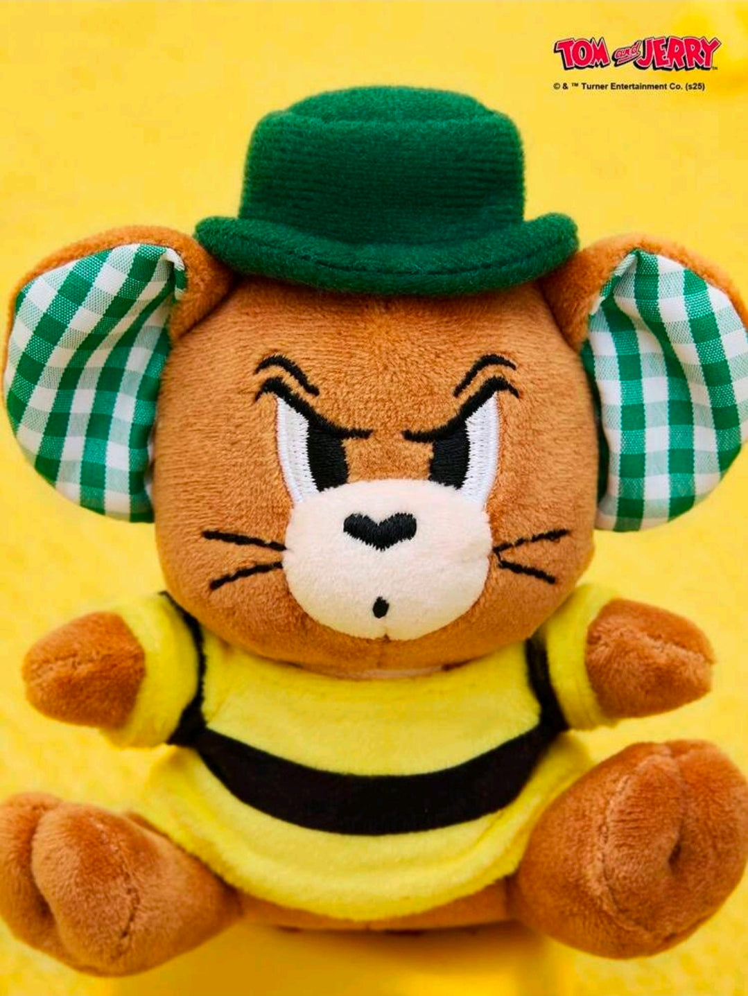 Tom & Jerry mouse mini plush keychain close-up, green hat and yellow shirt