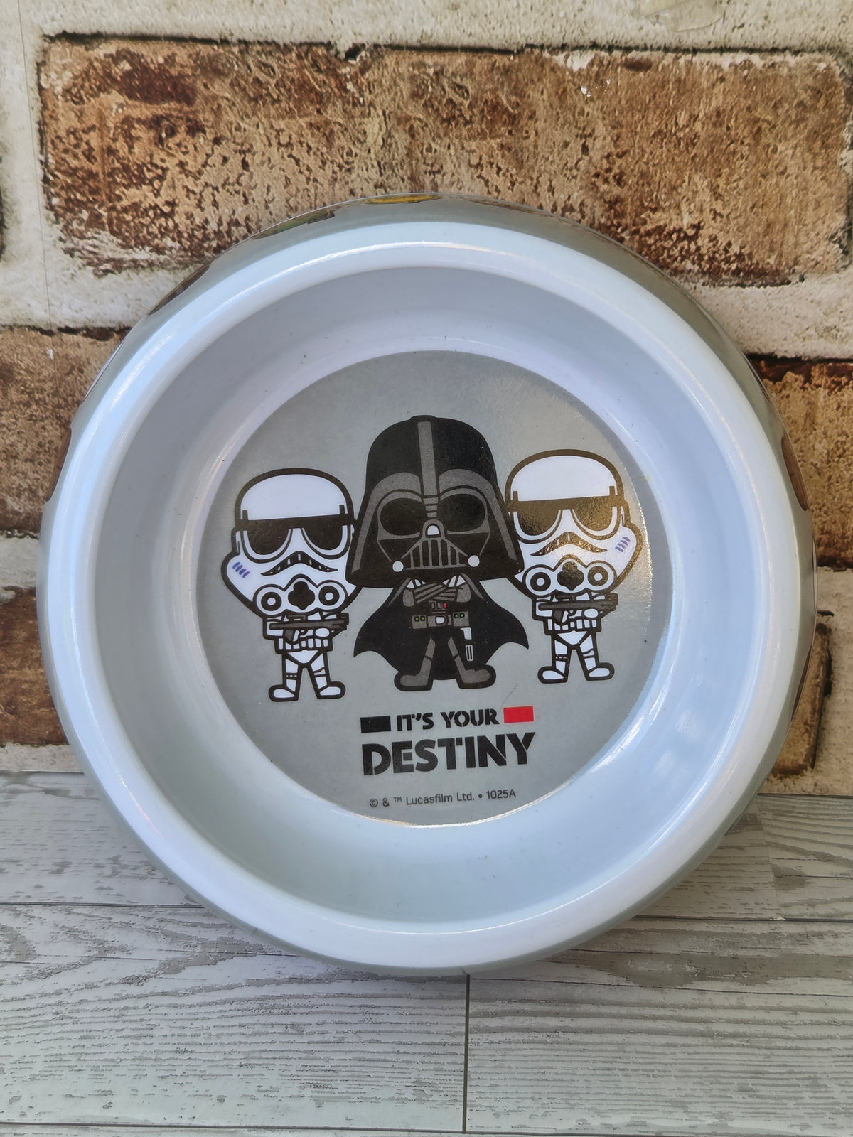 Light blue pet food bowl with Vader characters and "It's Your Destiny" print