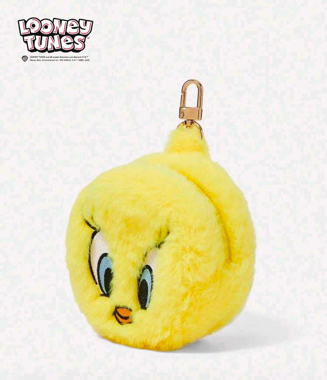 Yellow Tweety plush coin pouch keychain with metal key clip and face embroidery