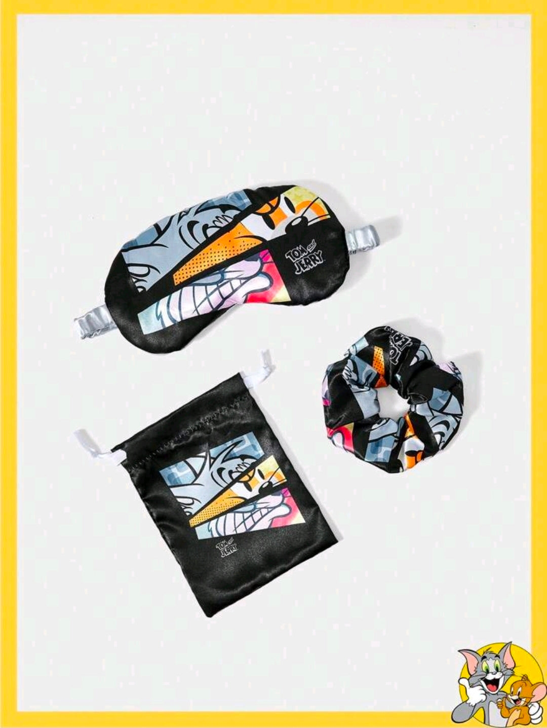 Satin sleep mask, scrunchie hair tie, and small pouch set with character print