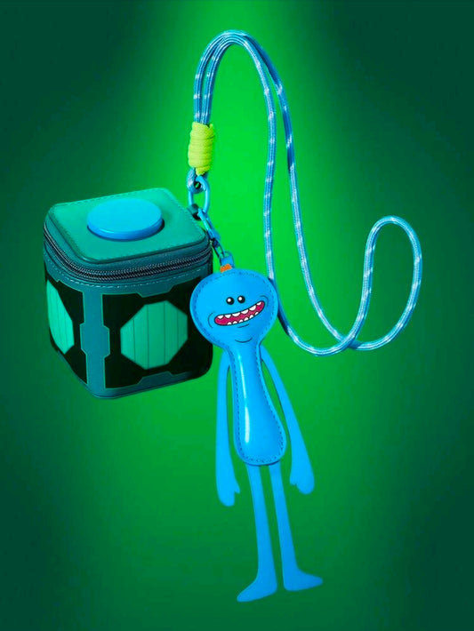 Teal change bag with snap top and hanging Meeseeks lanyard charm