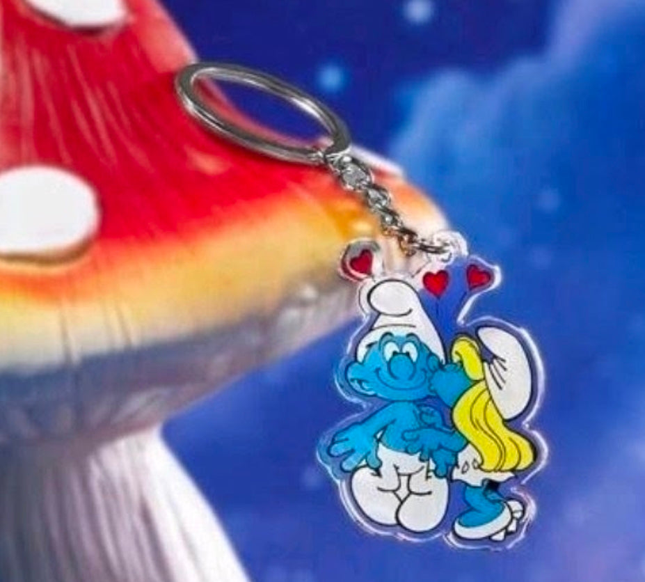 Smurf couple acrylic keychain charm with silver chain
