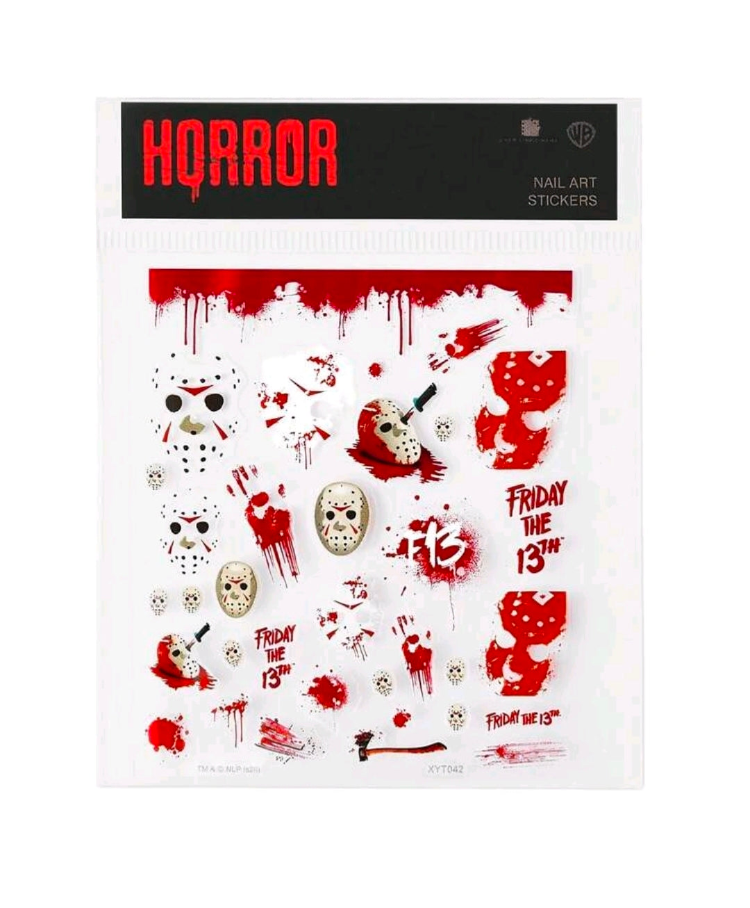 Nail art sticker sheet with horror-themed icons and red drip designs