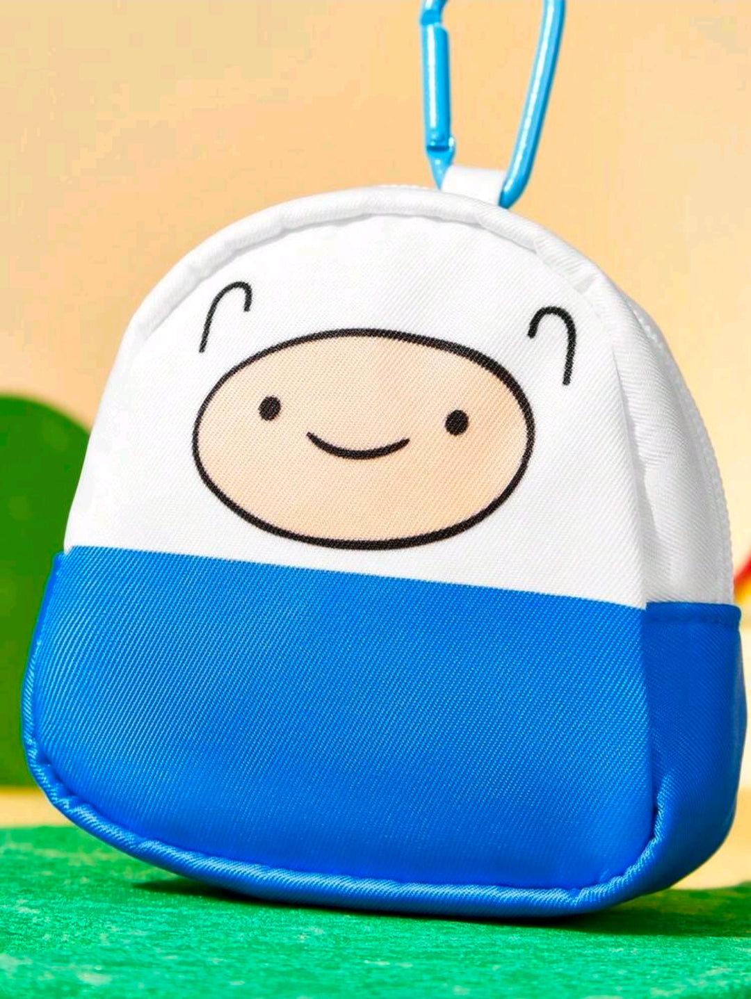 Mini zip coin purse with lanyard loop, white-and-blue pouch with smiling face
