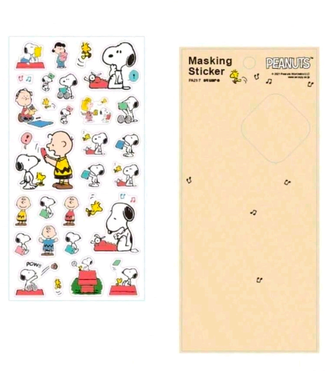 Peanuts masking sticker sheet set with Snoopy character stickers and blank backing