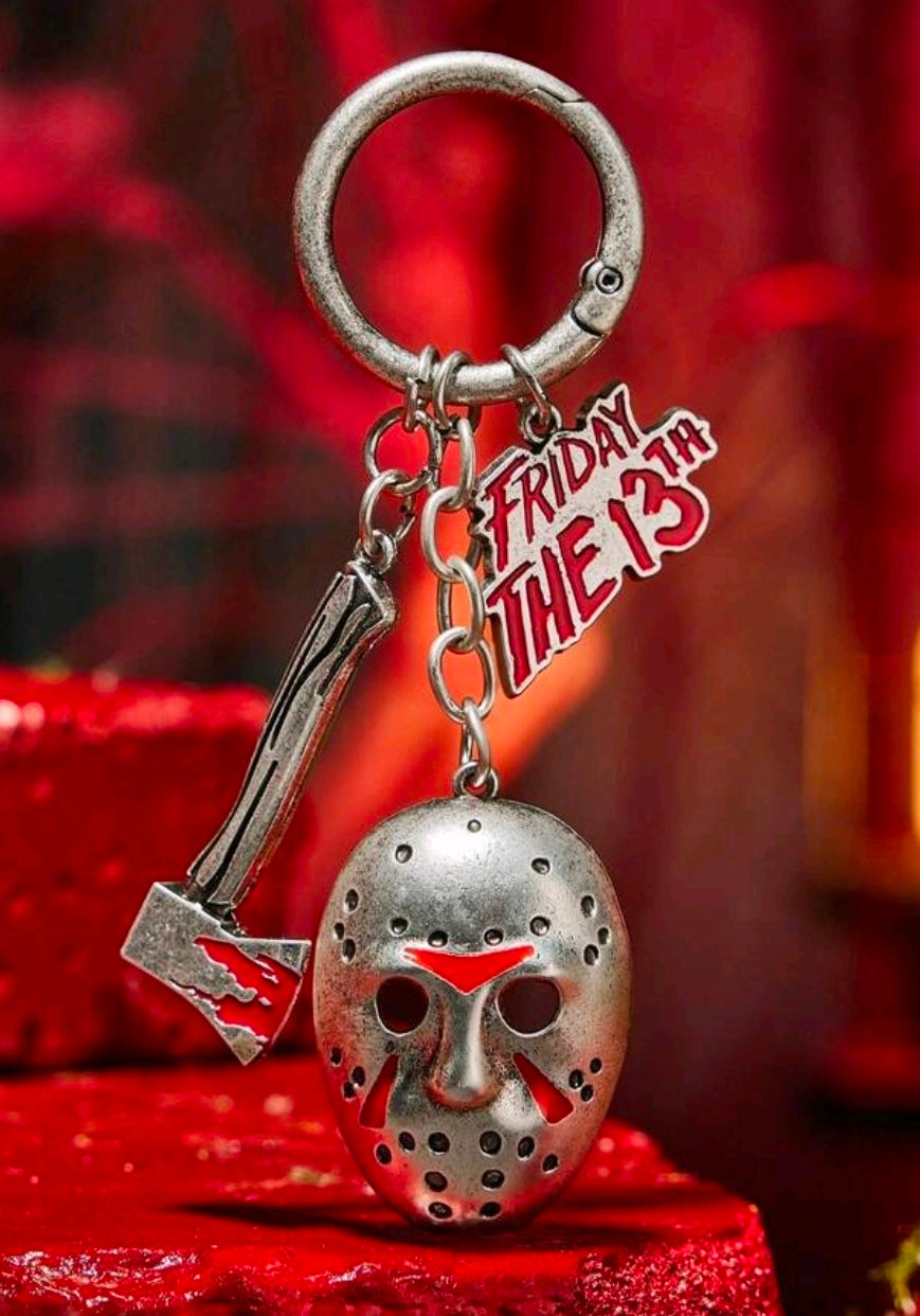 Antique silver keychain with split ring, mask charm, axe charm, and Friday the 13th tag