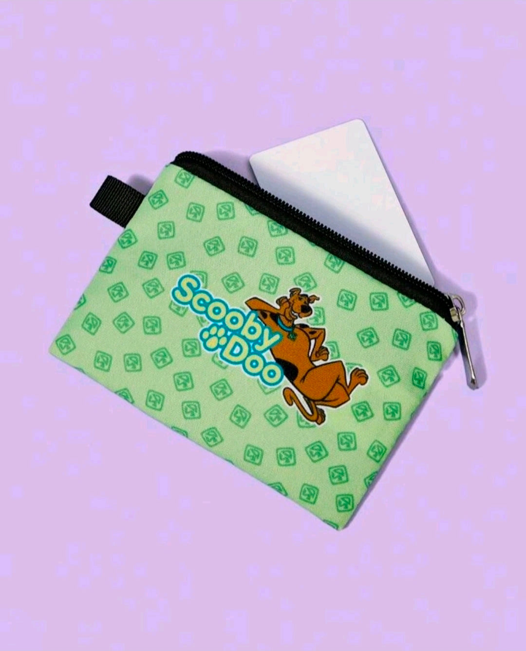 Green Scooby-Doo makeup pouch with black zipper and hanging white tag